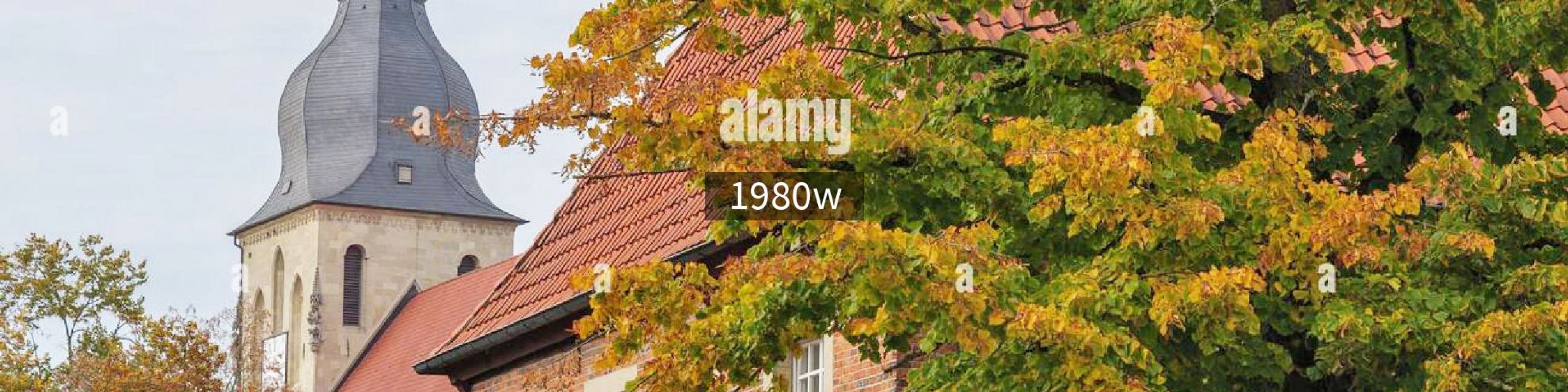Historischer Kirchturm hinter herbstlichen Baumwipfeln